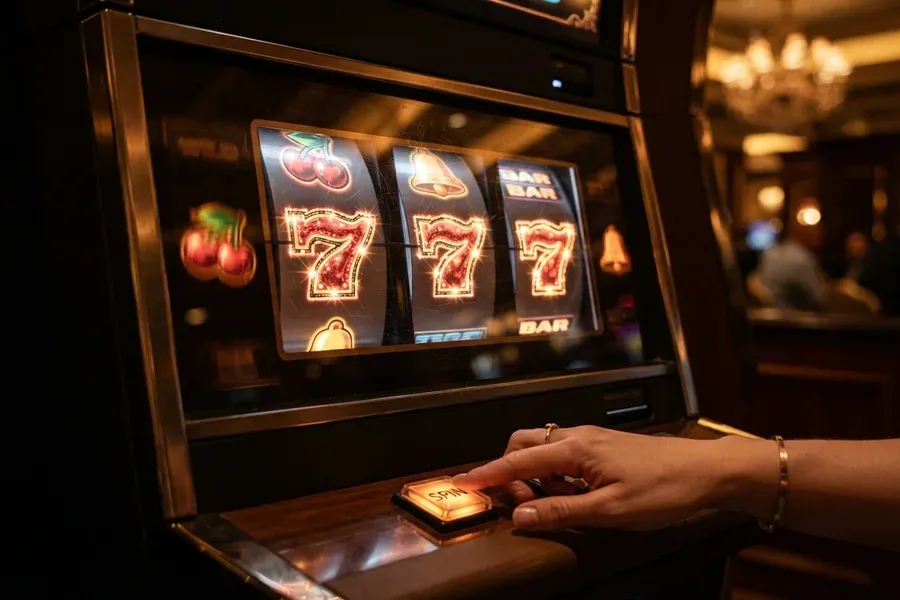 En hånd trykker på en oplyst spin-knap på en spilleautomat med tre syvere.