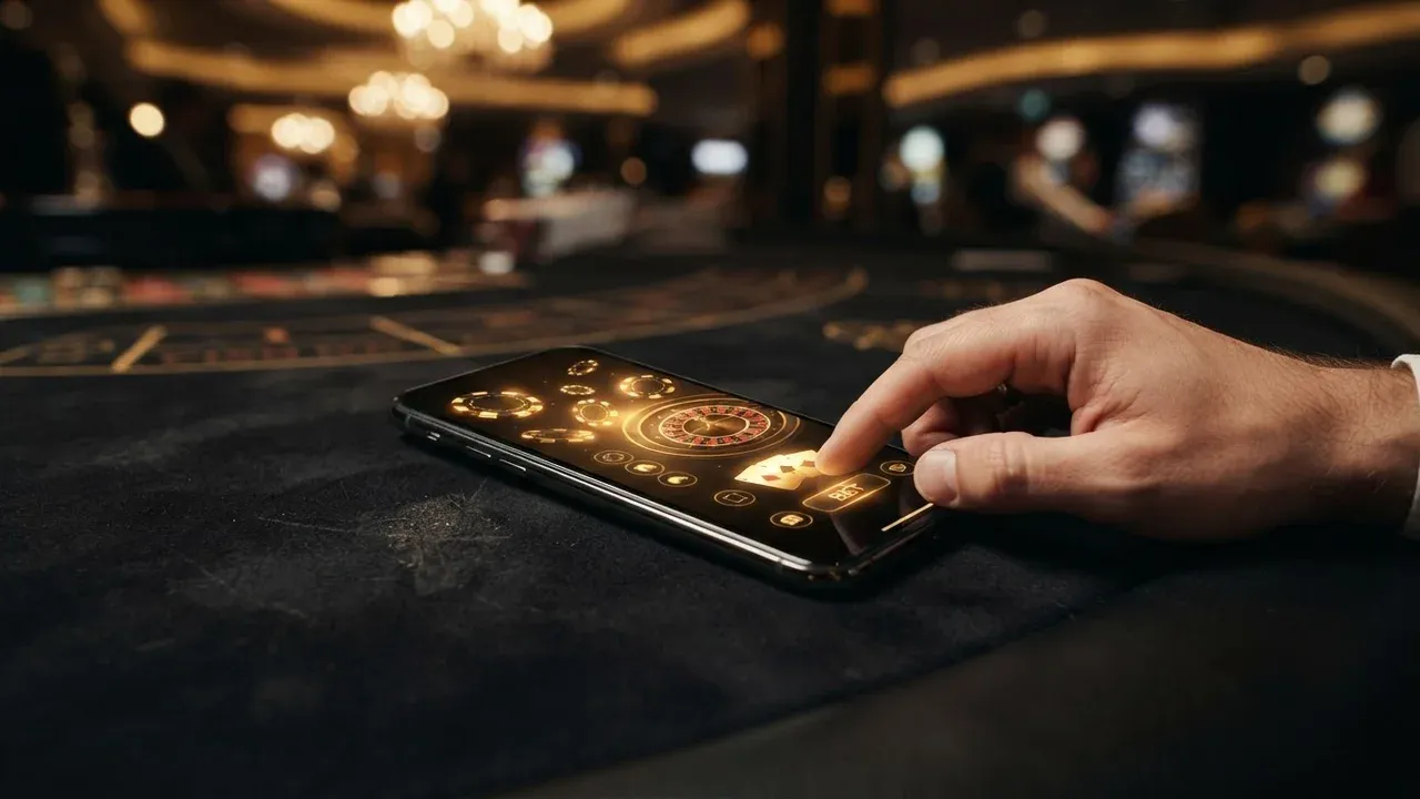 En hånd trykker på en smartphone med et roulettepræget spil på skærmen.